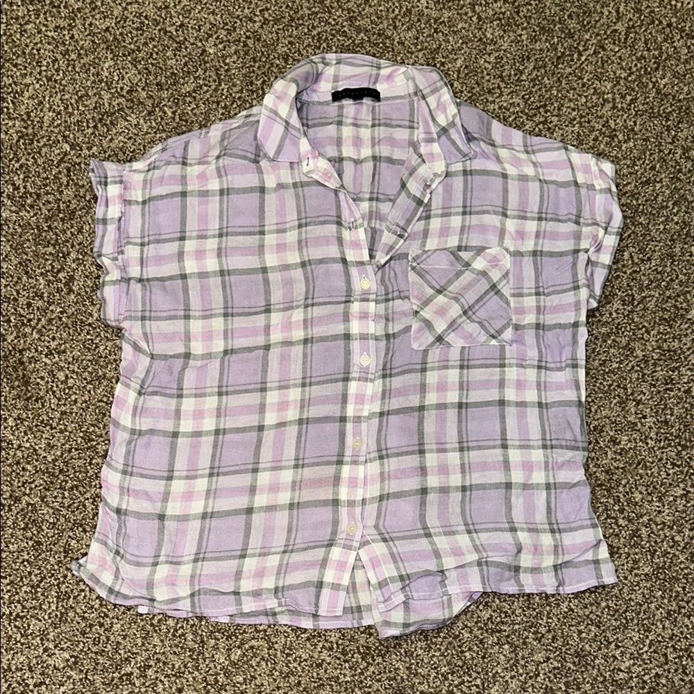 Sanctuary Plaid light purple gray and white Short Sleeve Button-Up Shirt